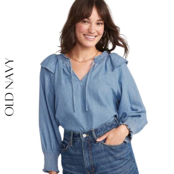 OLD NAVY Puff-Sleeve Non-Stretch Jean Ruffle-Trimmed Poet Blouse, L - Picture 1 of 11